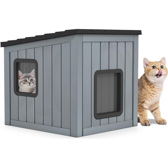 COSTWAY Maison pour chats Outdoor résistante à lhiver, niche isolée pour chats, caverne pour chats PP avec 2 portes PVC & toit incliné pour animaux domestiques 62,5x54 x56,5cm
