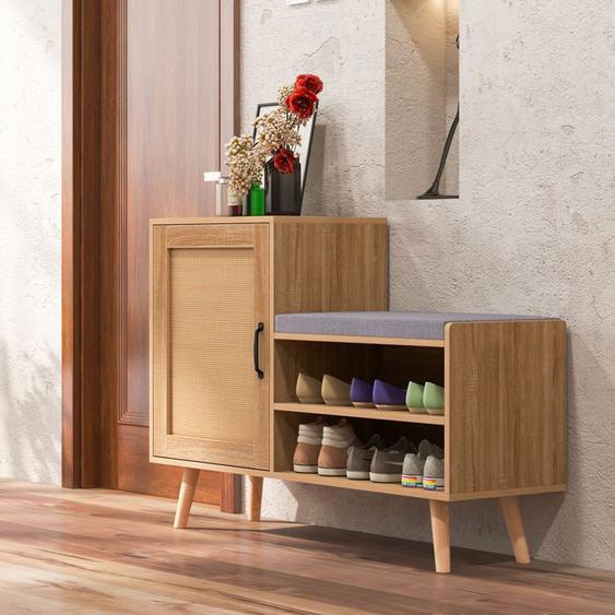COSTWAY Meuble à Chaussures en Rotin avec Coussin Rembourré et Banc, Porte et 3 Etagères, pour Entrée, Couloir, 105 x 35 x 76 cm
