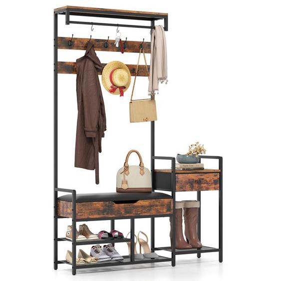COSTWAY Meuble d’Entrée avec Banc - 12 Crochets, Porte-Manteau, Vestiaire pour Couloir, Chambre, Style Industriel Moderne