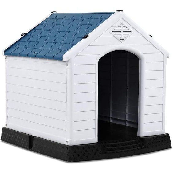 COSTWAY Niche en plastique pour chiens Niche en plastique pour chiens pour le jardin, lintérieur et lextérieur, grotte pour chiens avec fond surélevé, caisses pour chiens bleues et blanches