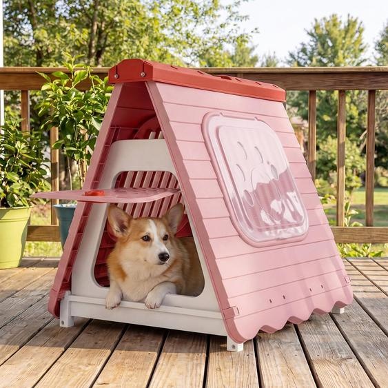 COSTWAY Niche pour chien dextérieur, niche pliable en plastique, niche portable avec trappe verrouillable, fenêtres ventilées, 72 x 60 x 68 cm, rose