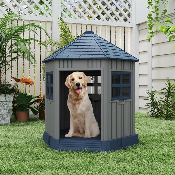 COSTWAY Niche pour chien Outdoor, maison pour chat pour lextérieur, maison pour chien résistante à lhiver en PP, maison pour animaux domestiques avec grande entrée, 2 fenêtres & toit incliné, en forme de grange, gris