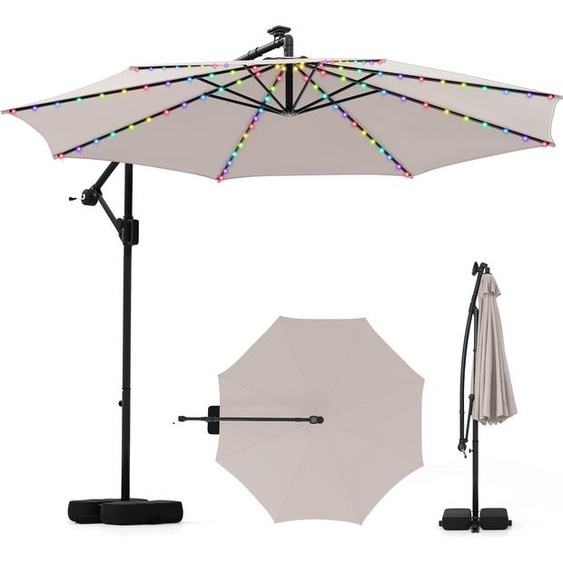 COSTWAY Parasol 300cm avec LED, 9 modes, sacs de sable & manivelle, parasol ampli angle dinclinaison réglable, rotation 360°, parasol de jardin Beige