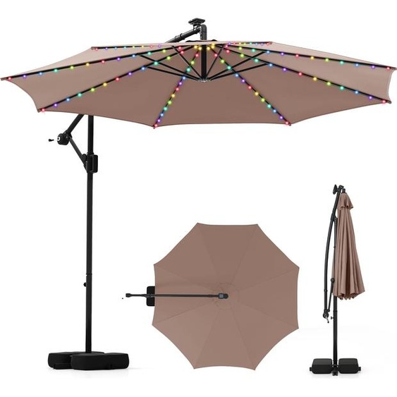 COSTWAY Parasol 300cm avec LED, 9 modes, sacs de sable & manivelle, parasol ampli angle dinclinaison réglable, rotation 360°, parasol de jardin brun