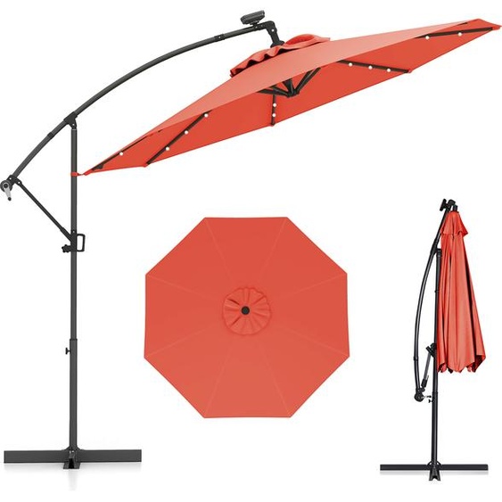 COSTWAY Parasol φ300cm, Parasol ampli avec 32 LED solaires & manivelle, angle dinclinaison réglable, parasol de jardin parasol de marché parasol de terrasse orange