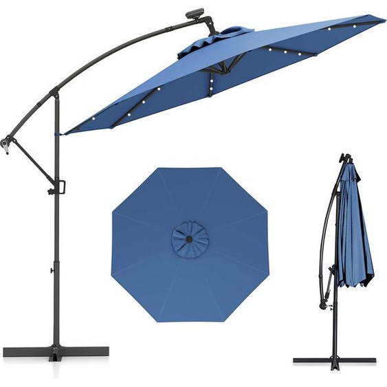 COSTWAY Parasol φ300cm, Parasol ampli avec 32 LEDs solaires & manivelle, angle dinclinaison réglable, Parasol de marché Parasol de terrasse bleu