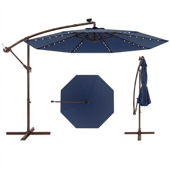 COSTWAY Parasol φ300cm, parasol ampli avec 40 lampes LED solaires et manivelle, parasol de jardin, parasol de marché, parasol de terrasse bleu marine