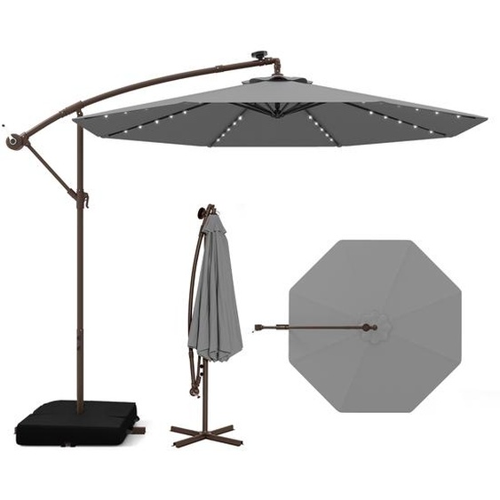 COSTWAY Parasol ampli avec sacs de sable, Ø300cm Parasol avec 40 LEDs solaires et manivelle, Parasol de jardin protection UV Anthracite