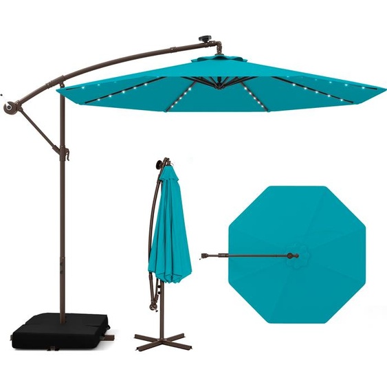 COSTWAY Parasol ampli avec sacs de sable, Ø300cm Parasol avec 40 LEDs solaires et manivelle, Parasol de jardin protection UV Turquoise