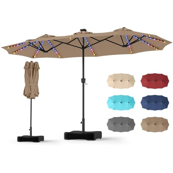 COSTWAY Parasol double 370x200 cm avec pied, parasol de jardin avec éclairage solaire LED, 12 modes déclairage, 2 options de charge et manivelle, couleur marron