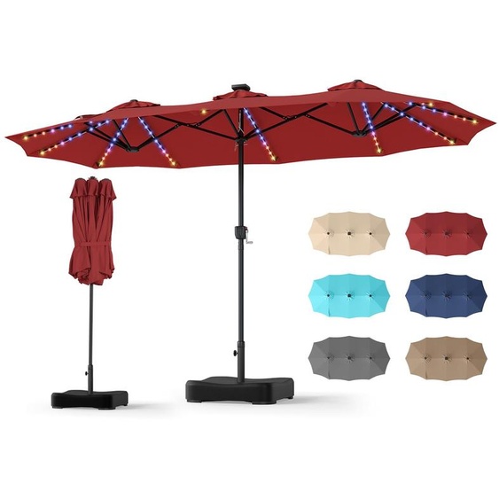 COSTWAY Parasol double 370x200 cm avec pied, parasol de jardin avec éclairage solaire LED, 12 modes déclairage, 2 options de charge et manivelle, couleur rouge