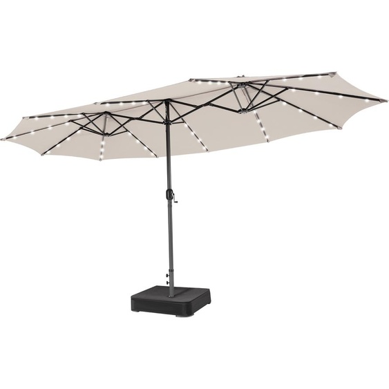 COSTWAY Parasol double 450x260cm avec support, manivelle et LEDs solaires, parasol de jardin UPF 50+ Beige