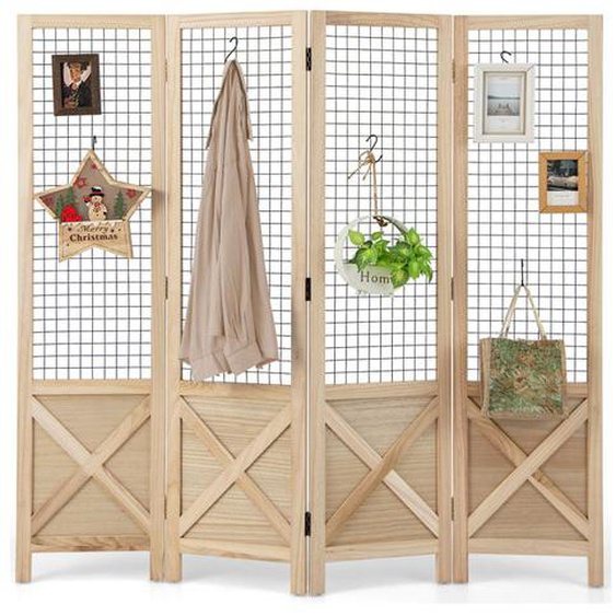 COSTWAY Paravent 4 Panneaux Pliable 151 x 144 cm en Bois de Paulownia Utilisation à lintérieur et à lextérieur Nature