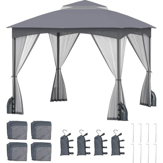 COSTWAY Pavillon 3x3m avec moustiquaire, 4 sacs de sable & double toit, étanche, stable, résistant à lhiver, tente de réception, pavillon de jardin Gris