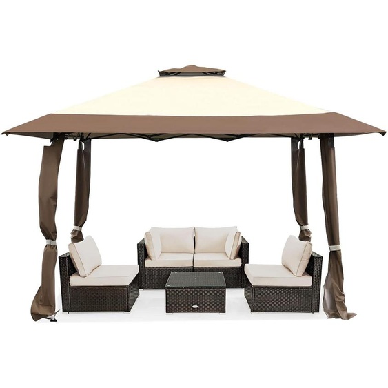 COSTWAY Pavillon 4x4m, Pop up Pavillon pliable avec double toit, sac de transport & roulettes, pavillon de jardin Tente de réception étanche, stable, protection UV 50+ Marron