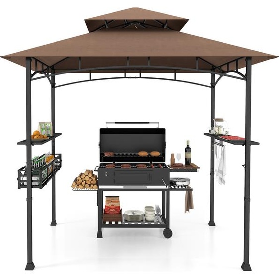 COSTWAY Pavillon de barbecue avec double toit, étagères latérales, panier métallique, crochet & ouvre-bouteille, abris pour barbecue résistant aux intempéries, 242x153x250cm brun