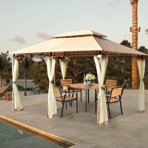 COSTWAY Pavillon métallique 3x4m, pavillon de jardin avec 4 parois latérales amovibles, tente de jardin de luxe, tente de réception stable, bâche de toit pour pique-nique, barbecue, mariages (brun)