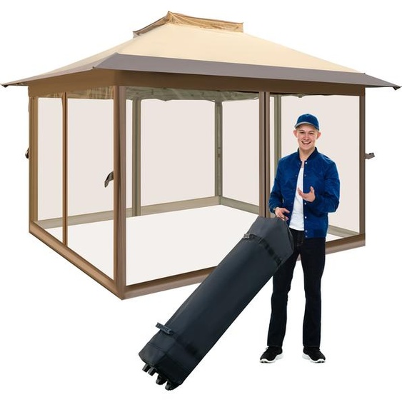 COSTWAY Pavillon pliable 3,6x3,6m avec moustiquaire, double toit et sac de transport, pavillon sur roulettes, étanche, protection UV 50