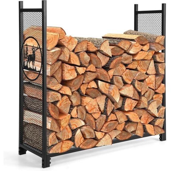 Costway - Range Bûche, Porte Bûche de Bois de Chauffage, Panneaux en Maille de Motifs de Cerfs, Grande Capacité 140kg, Rangement Bois Interieur pour