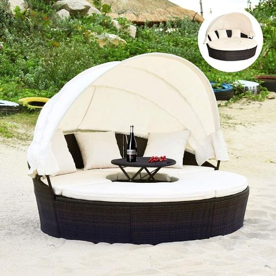 COSTWAY Rotin Bain de soleil avec toit pliant, Set de salon en poly rotin avec coussins et table basse réglable en hauteur, Bain de soleil dextérieur, pour jardin terrasse véranda, 192x177x146cm