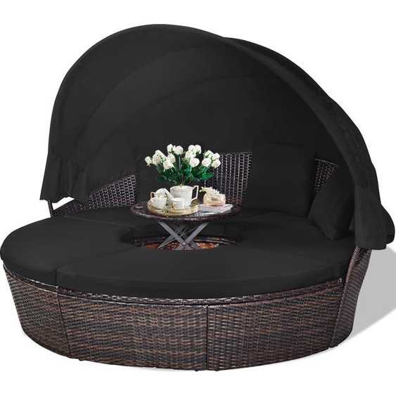 COSTWAY Rotin Bain de soleil avec toit pliant, Set de salon en poly rotin avec coussins et table basse réglable en hauteur, Bain de soleil dextérieur, pour jardin terrasse véranda (Noir)