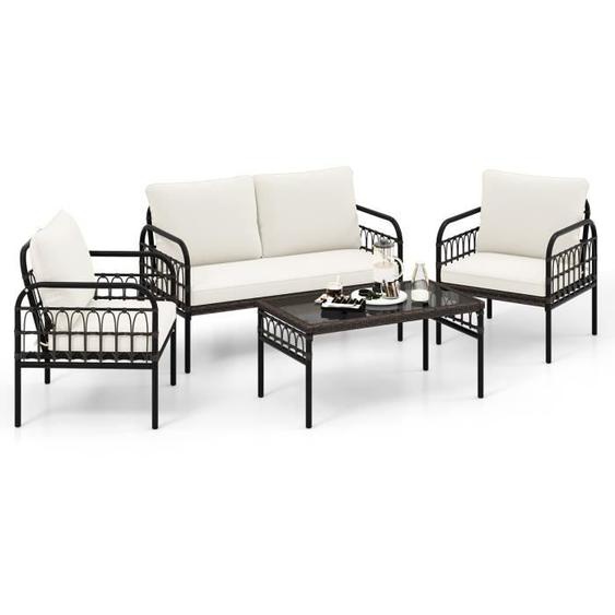 COSTWAY Salon de Jardin en Rotin PE - 4 Personnes, Cadre en Métal, Coussins - Table en Verre Trempé, 2 Fauteuils et Canapé - Beige