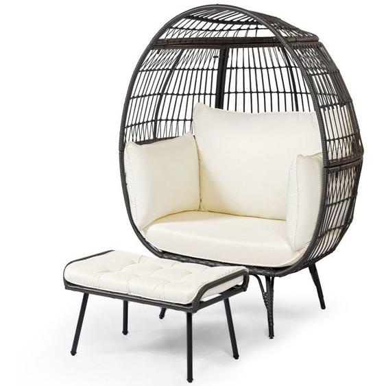 COSTWAY Salon de Jardin Extérieur avec Ottoman Chaise Œuf en Rotin PE 2 PCS avec Coussins Repose-Pieds pour Intérieur Extérieur