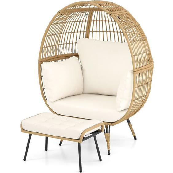 COSTWAY Salon de Jardin Extérieur Intérieur avec Ottoman Chaise Œuf en Rotin PE 2 PCS avec Coussins Repose-Pieds Marron Clair