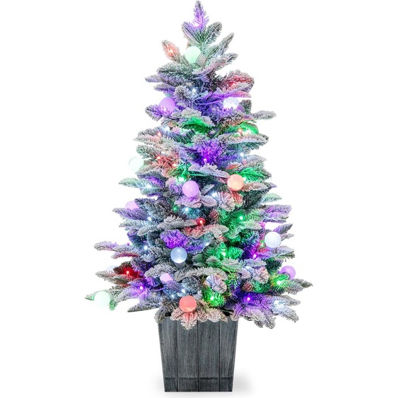 COSTWAY Sapin de Noël artificiel 100cm avec neige & socle, sapin floqué avec 80 LED multicolores & 148 pointes de branches, arbre de Noël