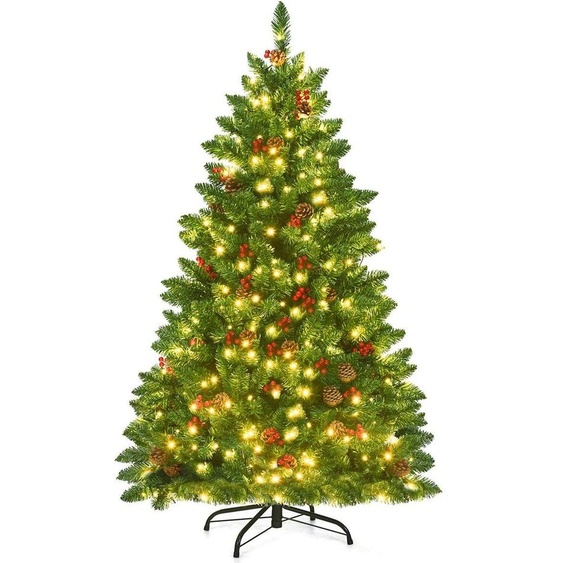 COSTWAY Sapin de Noël artificiel 135cm avec LED blanc chaud, support métallique, pommes de pin, baies rouges&système de pliage, , Sapin de Noël aiguilles PVC, Vert