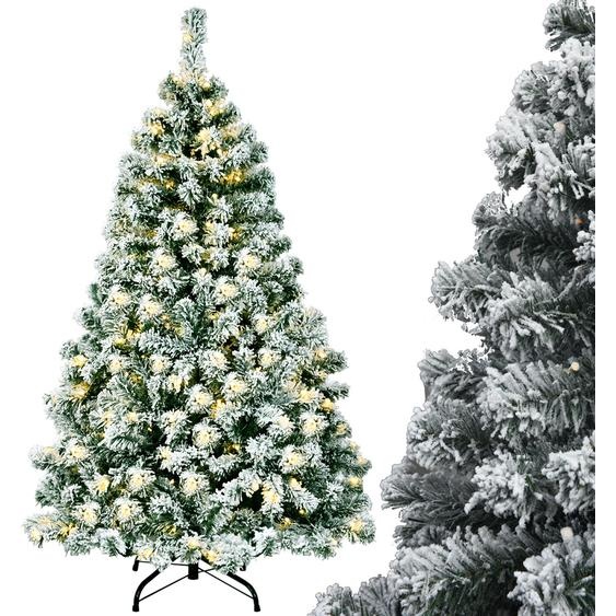 COSTWAY Sapin de Noël artificiel 135cm, Sapin 400 aiguilles PVC avec neige, 200 LEDs blanc chaud & support métallique, Sapin de Noël artificiel Noël