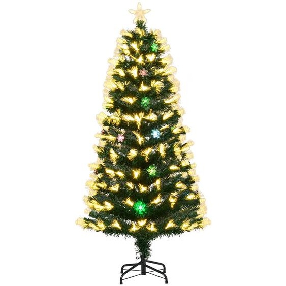 COSTWAY Sapin de Noël artificiel 150 cm avec éclairage, 8 modes déclairage, 170 pointes de branches, 20 flocons de neige & pointe détoile, sapin de Noël
