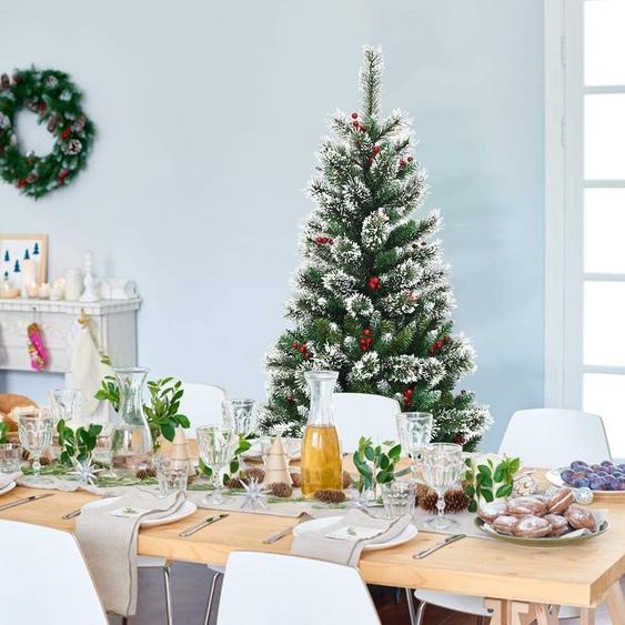 COSTWAY Sapin de Noël artificiel 150cm avec baies rouges, sapin recouvert de neige avec support métallique, sapin de Noël en PVC et aiguilles de sapin, sapin artificiel Noël système de pliage