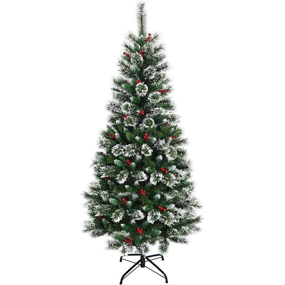 COSTWAY Sapin de Noël artificiel 180cm avec baies rouges, sapin recouvert de neige avec support métallique, sapin de Noël avec aiguilles en PVC, sapin artificiel de Noël