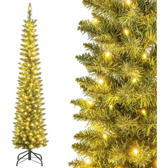 COSTWAY Sapin de Noël artificiel 180cm Crayon, Sapin de Noël avec éclairage, LEDs en blanc chaud, Sapin de Noël élancé pour Noël, Sapin artificiel avec support métallique, Vert