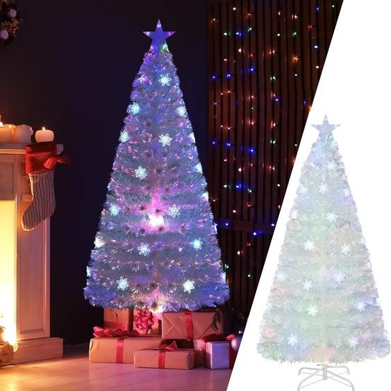 COSTWAY Sapin de Noël Artificiel avec éclairage, Sapin avec lumières LED multicolores & fibre de verre & pointe détoile, Sapin de Noël pour la maison Bureau Commerces Hôtels, Blanc (180 cm)