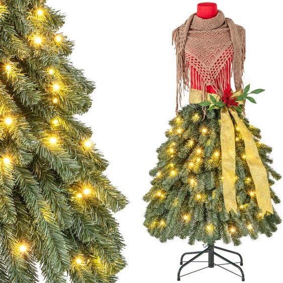 COSTWAY Sapin de Noël artificiel en forme de poupée de couture, 150cm de sapin avec 100 lumières LED blanc chaud, baies rouges & écharpe amovible