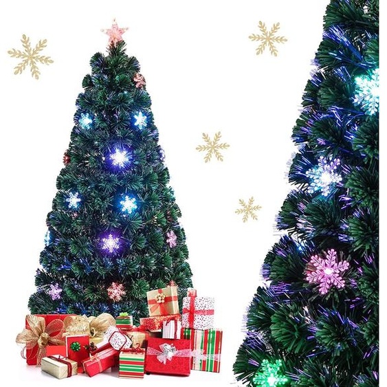 COSTWAY Sapin de Noël artificiel LED 150cm avec fibre optique changeant de couleur et pointe en étoile, Sapin de Noël 170 aiguilles en PVC, Sapin de Noël idéal pour la maison, le bureau, les magasins et les hôtels, Vert