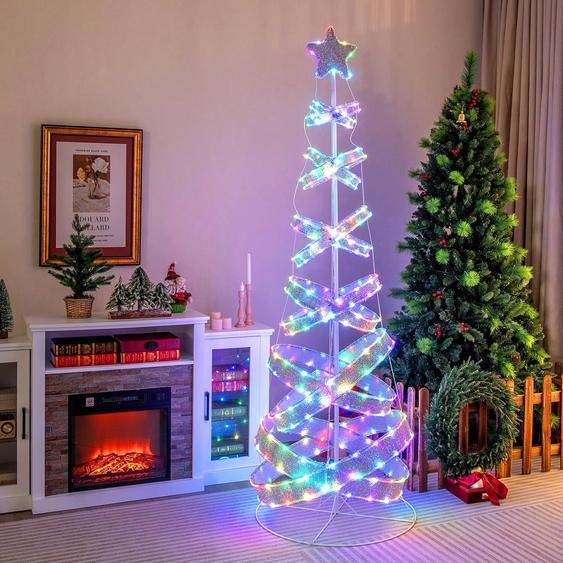 COSTWAY Sapin de Noël LED en spirale, 210cm de sapin illuminé, 341 LED, 34 modes déclairage, pliable, Sapin lumineux Led en spirale avec étoile, Sapin de Noël en polyester métal, Décoration de Noël intérieur extérieur