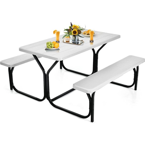 COSTWAY Set de tente à bière, table de pique-nique & 2 bancs avec cadre métallique, Set de table de camping Set de tente pour terrasse, jardin, piscine, 137 x 150 x 72 cm (blanc)