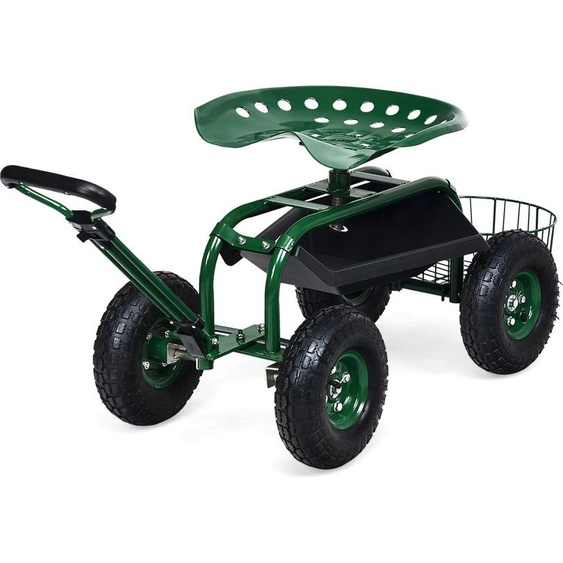 COSTWAY Siège à roulettes réglable en hauteur, mobile, chariot de jardin avec roulettes, poignée extensible & panier, siège de jardin pivotant jusquà 150kg 96,5x48,5x45,5-54,5cm