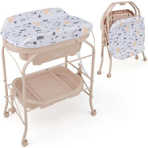 COSTWAY Table à Langer Bébé avec Baignoire 20L 4 en 1 Pliante 4 Roues,Tuyau 1m,Plateau de Rangement Coussin PVC Imperméable Beige