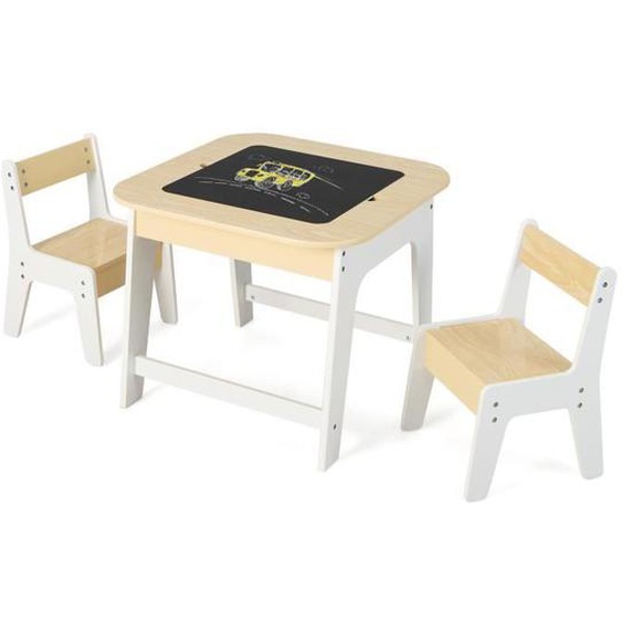 COSTWAY Table avec 2 Chaises Enfants 3-6 Ans - Plateau 2 Face : Noir et Blanc, Dessin Effaçable, Espace de Rangement Caché