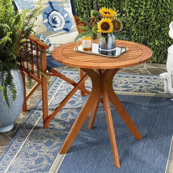 COSTWAY Table Basse de Jardin en Eucalyptus - Plateau à Lattes, Base en Croix, Charge 50KG - Table d‘Extérieure Ronde en Bois