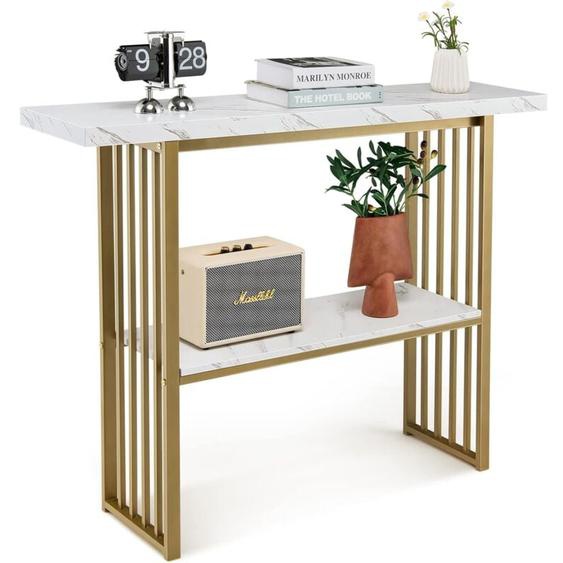Costway - Table Console/Bout de Canapé à 2 Niveaux Effet Marbre de Style Scandinave, Cadre en Métal Meuble pour Entrée, Salon, Chambre, Doré
