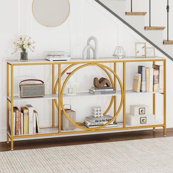COSTWAY Table de Console XXL- 3 Niveaux 180 x 30 x 90 cm (L x l x H) Effet Marbre Cadre en Métal Doré