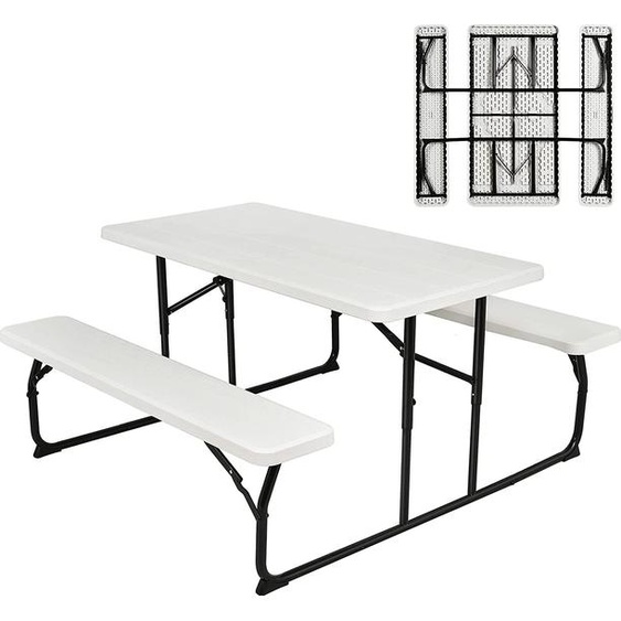 COSTWAY Table de pique-nique pliante avec bancs, 136 cm Set de table de camping pour lextérieur, Set de table de bière pour terrasse, jardin (blanc)
