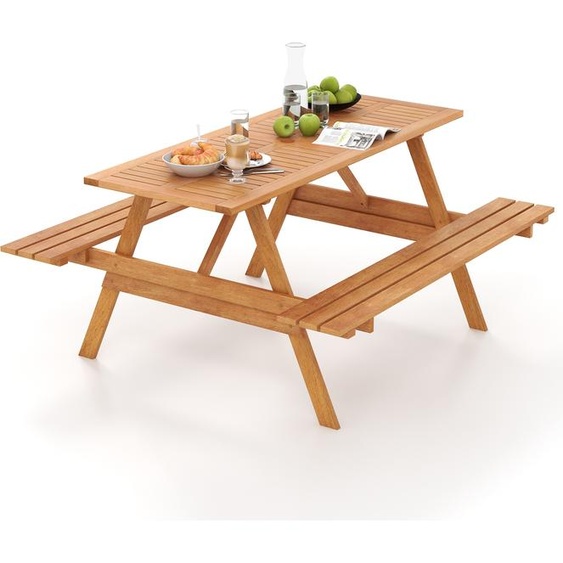 COSTWAY Table de pique-nique pour 6 personnes, table de jardin rectangulaire avec 2 bancs intégrés et trou pour parasol