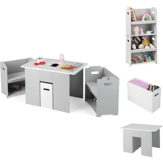 COSTWAY Table Enfants avec 2 Chaises, 4 en 1 Convertible, Coins Arrondis et Boucle de Sécurité, avec Banc de Rangement , 3 Ans+