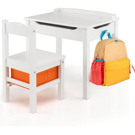 COSTWAY Table et Chaise Enfants - Plateau Rabattable, Espace de Stockage Caché, 1 Tiroir de Rangement, 1 Crochet pour Sac Blanc